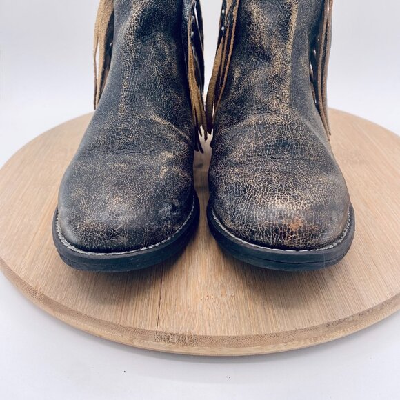 Circle G Boots Womens 6 Beige Leather Pull On Ankle Fringe Western Studded - Picture 3 of 11